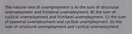 The natural rate of unemployment is A) the sum of structural unemployment and frictional unemployment. B) the sum of cyclical unemployment and frictional unemployment. C) the sum of seasonal unemployment and cyclical unemployment. D) the sum of structural unemployment and cyclical unemployment.