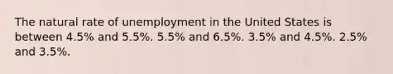 The natural rate of unemployment in the United States is between 4.5% and 5.5%. 5.5% and 6.5%. 3.5% and 4.5%. 2.5% and 3.5%.