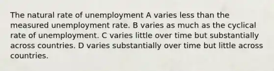 The natural rate of unemployment A varies less than the measured unemployment rate. B varies as much as the cyclical rate of unemployment. C varies little over time but substantially across countries. D varies substantially over time but little across countries.