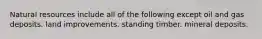 Natural resources include all of the following except oil and gas deposits. land improvements. standing timber. mineral deposits.