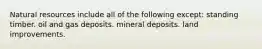 Natural resources include all of the following except: standing timber. oil and gas deposits. mineral deposits. land improvements.