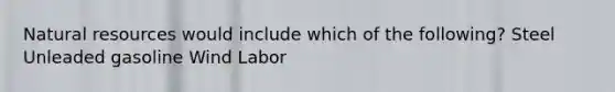 Natural resources would include which of the following? Steel Unleaded gasoline Wind Labor