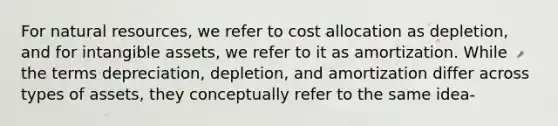 For natural resources, we refer to cost allocation as depletion, and for intangible assets, we refer to it as amortization. While the terms depreciation, depletion, and amortization differ across types of assets, they conceptually refer to the same idea-