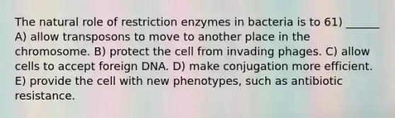 The natural role of restriction enzymes in bacteria is to 61) ______ A) allow transposons to move to another place in the chromosome. B) protect the cell from invading phages. C) allow cells to accept foreign DNA. D) make conjugation more efficient. E) provide the cell with new phenotypes, such as antibiotic resistance.