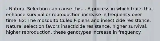 - Natural Selection can cause this. - A process in which traits that enhance survival or reproduction increase in frequency over time. Ex: The mosquito Culex Pipiens and insecticide resistance. Natural selection favors insecticide resistance, higher survival, higher reproduction, these genotypes increase in frequency.