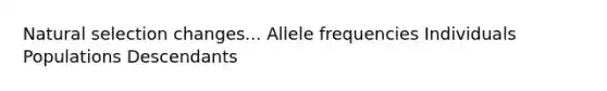 Natural selection changes... Allele frequencies Individuals Populations Descendants