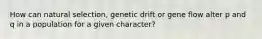 How can natural selection, genetic drift or gene flow alter p and q in a population for a given character?