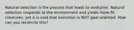 Natural selection is the process that leads to evolution. Natural selection responds to the environment and yields more fit creatures, yet it is said that evolution is NOT goal oriented. How can you reconcile this?