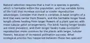 Natural selection requires that a trait in a species is genetic, which is heritable within the population, and has variable forms of the trait that increase survival or confer reproductive advantages. Consider that there is variation in beak lengths of a bird that eats nectar from flowers, and the heritable longer beak length allows feeding from larger flowers of a plant species with more tubular petal arrangements. The birds having longer beaks are more prevalent, and their longer beaks make successful reproduction more common for the plants with larger, tubular flowers, because of increased pollination success. What ecological process has happened between these two species?