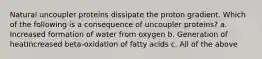 Natural uncoupler proteins dissipate the proton gradient. Which of the following is a consequence of uncoupler proteins? a. Increased formation of water from oxygen b. Generation of heatIncreased beta-oxidation of fatty acids c. All of the above