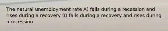 The natural unemployment rate A) falls during a recession and rises during a recovery B) falls during a recovery and rises during a recession