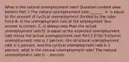 What is the natural unemployment​ rate? Question content area bottom Part 1 The natural unemployment rate​ _______. A. is equal to the amount of cyclical unemployment divided by the labor force B. is the unemployment rate at full employment Your answer is correct. C. is always less than the actual unemployment rate D. is equal to the expected unemployment rate minus the actual unemployment rate Part 2 If the frictional unemployment rate is 2​ percent, the structural unemployment rate is 3​ percent, and the cyclical unemployment rate is 1​ percent, what is the natural unemployment​ rate? The natural unemployment rate is -- percent.