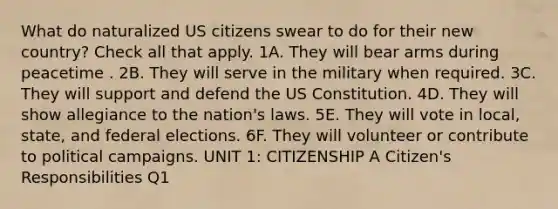 What do naturalized US citizens swear to do for their new country? Check all that apply. 1A. They will bear arms during peacetime . 2B. They will serve in the military when required. 3C. They will support and defend the US Constitution. 4D. They will show allegiance to the nation's laws. 5E. They will vote in local, state, and federal elections. 6F. They will volunteer or contribute to political campaigns. UNIT 1: CITIZENSHIP A Citizen's Responsibilities Q1