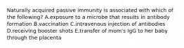 Naturally acquired passive immunity is associated with which of the following? A.exposure to a microbe that results in antibody formation B.vaccination C.intravenous injection of antibodies D.receiving booster shots E.transfer of mom's IgG to her baby through the placenta