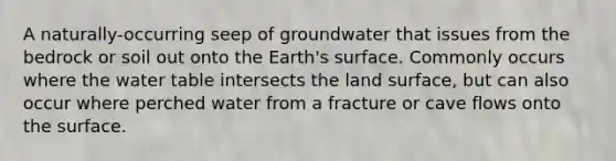 A naturally-occurring seep of groundwater that issues from the bedrock or soil out onto the Earth's surface. Commonly occurs where the water table intersects the land surface, but can also occur where perched water from a fracture or cave flows onto the surface.