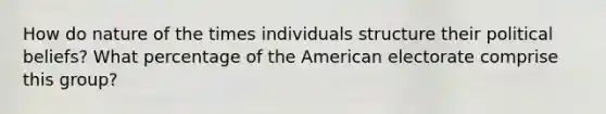 How do nature of the times individuals structure their political beliefs? What percentage of the American electorate comprise this group?