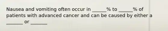 Nausea and vomiting often occur in ______% to ______% of patients with advanced cancer and can be caused by either a _______ or _______