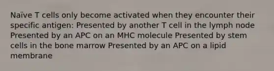 Naïve T cells only become activated when they encounter their specific antigen: Presented by another T cell in the lymph node Presented by an APC on an MHC molecule Presented by stem cells in the bone marrow Presented by an APC on a lipid membrane