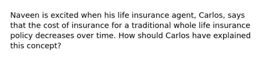 Naveen is excited when his life insurance agent, Carlos, says that the cost of insurance for a traditional whole life insurance policy decreases over time. How should Carlos have explained this concept?