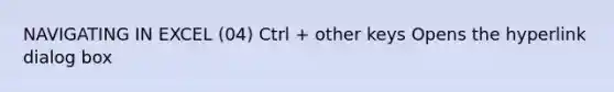 NAVIGATING IN EXCEL (04) Ctrl + other keys Opens the hyperlink dialog box