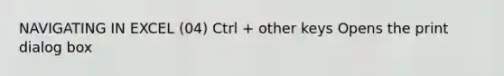 NAVIGATING IN EXCEL (04) Ctrl + other keys Opens the print dialog box