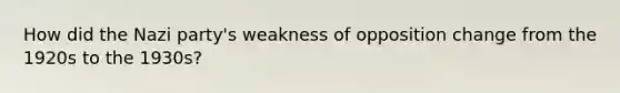 How did the Nazi party's weakness of opposition change from the 1920s to the 1930s?