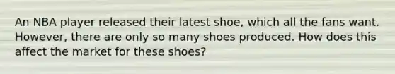 An NBA player released their latest shoe, which all the fans want. However, there are only so many shoes produced. How does this affect the market for these shoes?