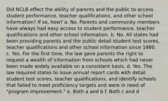 Did NCLB effect the ability of parents and the public to access student performance, teacher qualifications, and other school information? If so, how? a. No. Parents and community members have always had easy access to student performance, teacher qualifications and other school information. b. No. All states had been providing parents and the public detail student test scores, teacher qualifications and other school information since 1980. c. Yes. For the first time, the law gave parents the right to request a wealth of information from schools which had never been made widely available on a consistent basis. d. Yes. The law required states to issue annual report cards with detail student test scores, teacher qualifications, and identify schools that failed to meet proficiency targets and were in need of "program improvement." e. Both a and b f. Both c and d