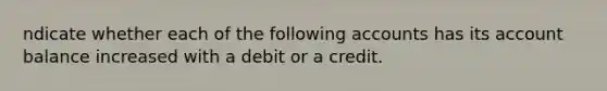 ndicate whether each of the following accounts has its account balance increased with a debit or a credit.