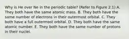 Why is He over Ne in the periodic table? (Refer to Figure 2.1) A. They both have the same atomic mass. B. They both have the same number of electrons in their outermost orbital. C. They both have a full outermost orbital. D. They both have the same atomic number. E. They both have the same number of protons in their nuclei.