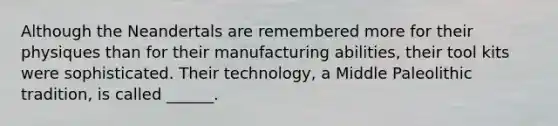 Although the Neandertals are remembered more for their physiques than for their manufacturing abilities, their tool kits were sophisticated. Their technology, a Middle Paleolithic tradition, is called ______.