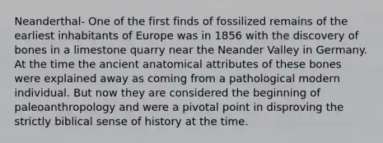 Neanderthal- One of the first finds of fossilized remains of the earliest inhabitants of Europe was in 1856 with the discovery of bones in a limestone quarry near the Neander Valley in Germany. At the time the ancient anatomical attributes of these bones were explained away as coming from a pathological modern individual. But now they are considered the beginning of paleoanthropology and were a pivotal point in disproving the strictly biblical sense of history at the time.