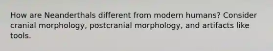 How are Neanderthals different from modern humans? Consider cranial morphology, postcranial morphology, and artifacts like tools.