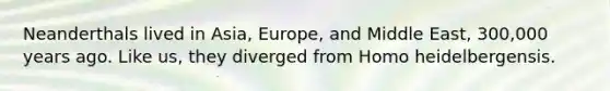 Neanderthals lived in Asia, Europe, and Middle East, 300,000 years ago. Like us, they diverged from Homo heidelbergensis.