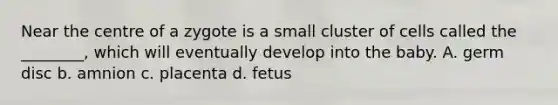 Near the centre of a zygote is a small cluster of cells called the ________, which will eventually develop into the baby. A. germ disc b. amnion c. placenta d. fetus