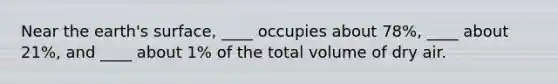 Near the earth's surface, ____ occupies about 78%, ____ about 21%, and ____ about 1% of the total volume of dry air.