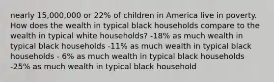 nearly 15,000,000 or 22% of children in America live in poverty. How does the wealth in typical black households compare to the wealth in typical white households? -18% as much wealth in typical black households -11% as much wealth in typical black households - 6% as much wealth in typical black households -25% as much wealth in typical black household