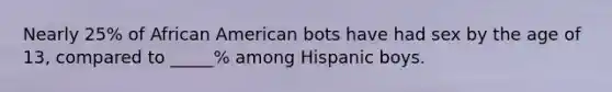 Nearly 25% of African American bots have had sex by the age of 13, compared to _____% among Hispanic boys.