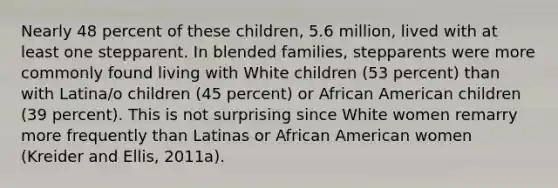 Nearly 48 percent of these children, 5.6 million, lived with at least one stepparent. In blended families, stepparents were more commonly found living with White children (53 percent) than with Latina/o children (45 percent) or African American children (39 percent). This is not surprising since White women remarry more frequently than Latinas or African American women (Kreider and Ellis, 2011a).