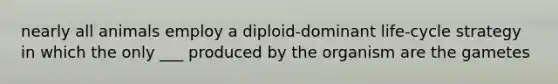 nearly all animals employ a diploid-dominant life-cycle strategy in which the only ___ produced by the organism are the gametes