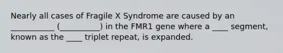 Nearly all cases of Fragile X Syndrome are caused by an ___________ (__________) in the FMR1 gene where a ____ segment, known as the ____ triplet repeat, is expanded.