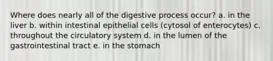 Where does nearly all of the digestive process occur? a. in the liver b. within intestinal epithelial cells (cytosol of enterocytes) c. throughout the circulatory system d. in the lumen of the gastrointestinal tract e. in the stomach