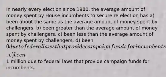 In nearly every election since 1980, the average amount of money spent by House incumbents to secure re-election has a) been about the same as the average amount of money spent by challengers. b) been greater than the average amount of money spent by challengers. c) been less than the average amount of money spent by challengers. d) been 0 due to federal laws that provide campaign funds for incumbents. e) been1 million due to federal laws that provide campaign funds for incumbents.