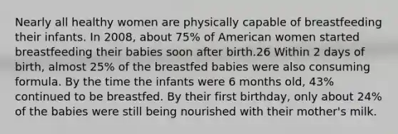 Nearly all healthy women are physically capable of breastfeeding their infants. In 2008, about 75% of American women started breastfeeding their babies soon after birth.26 Within 2 days of birth, almost 25% of the breastfed babies were also consuming formula. By the time the infants were 6 months old, 43% continued to be breastfed. By their first birthday, only about 24% of the babies were still being nourished with their mother's milk.