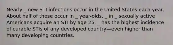 Nearly _ new STI infections occur in the United States each year. About half of these occur in _ year-olds. _ in _ sexually active Americans acquire an STI by age 25. _ has the highest incidence of curable STIs of any developed country—even higher than many developing countries.