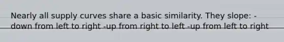Nearly all supply curves share a basic similarity. They slope: -down from left to right -up from right to left -up from left to right