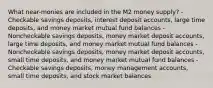 What near-monies are included in the M2 money supply? -Checkable savings deposits, interest deposit accounts, large time deposits, and money market mutual fund balances -Noncheckable savings deposits, money market deposit accounts, large time deposits, and money market mutual fund balances -Noncheckable savings deposits, money market deposit accounts, small time deposits, and money market mutual fund balances -Checkable savings deposits, money management accounts, small time deposits, and stock market balances