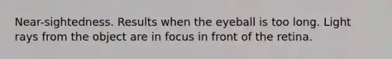 Near-sightedness. Results when the eyeball is too long. Light rays from the object are in focus in front of the retina.