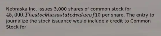 Nebraska Inc. issues 3,000 shares of common stock for 45,000. The stock has a stated value of10 per share. The entry to journalize the stock issuance would include a credit to Common Stock for