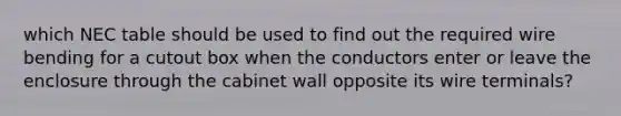 which NEC table should be used to find out the required wire bending for a cutout box when the conductors enter or leave the enclosure through the cabinet wall opposite its wire terminals?